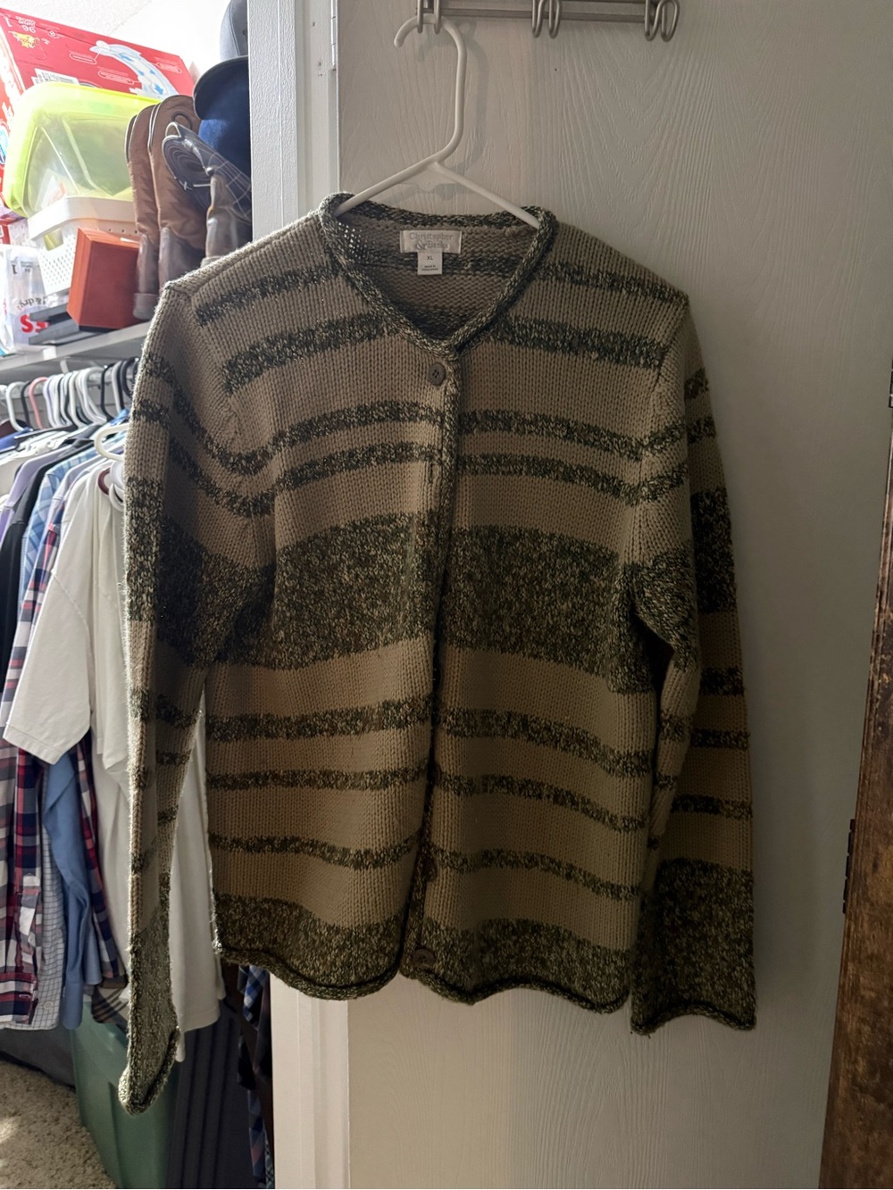 Women’s Christopher and Banks Striped Knit Cardigan Sweater - Olive/Tan